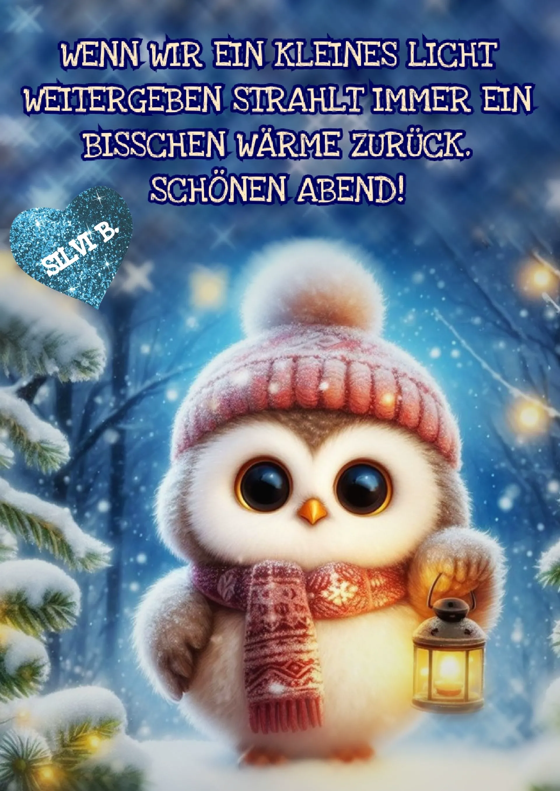 Ein niedliches Eulenbild mit Hut und Schal, das eine Laterne hält, vor einem winterlichen Hintergrund mit Schnee und Sternen.